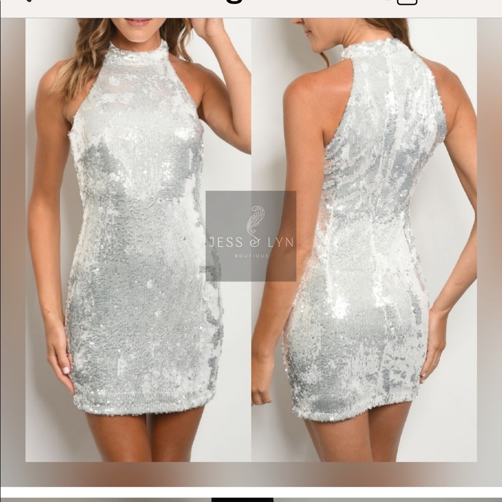 🆕SHAY- White/Silver Sequin Hi Neck Cocktail Dress